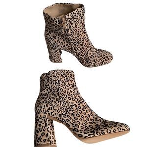 Gianni Bini Size 8 Leopard Cheetah Print Leather Suede Tan Black Side Zip Bootie